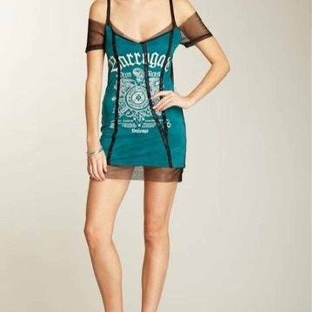SALVAGE Teal Graphic Embroidered Mesh Trim Mini Dress. S